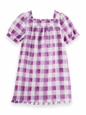 Printed check linen dress 5532 mulberry b