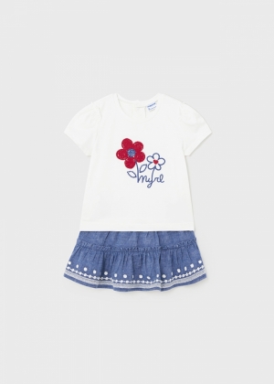 Embroidered linen skirt set 084 blue