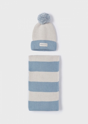 Stripes hat-scarf set 016 sky blue