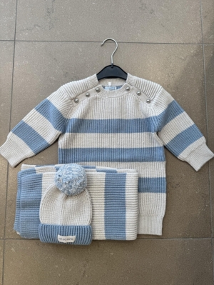 Stripes hat-scarf set 016 sky blue