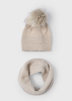 Fur hat & scarf set 076 sand