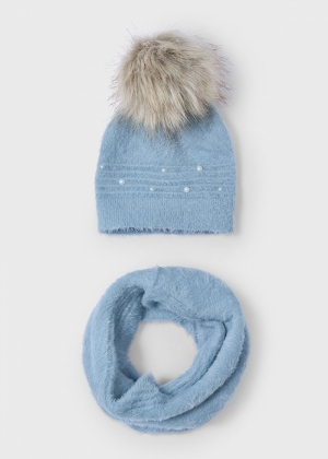 Fur hat & scarf set 078 sky blue