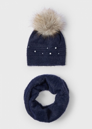 Fur hat & scarf set 079 navy 