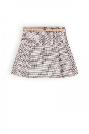 Nimmy check pleated skirt+belt Pearled Ivory