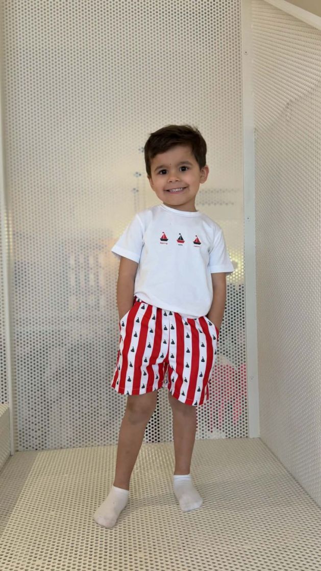 SWIM SHORT STRIPES BOAT WHITE-RED